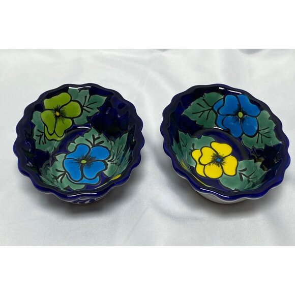 2 Handcrafted Mexican Talavera Ceramic Oval Bowls Floral Design Lead Free - Picture 3 of 10